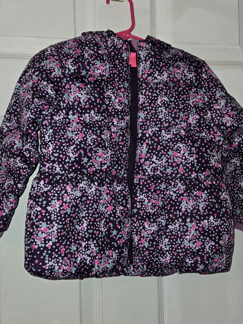 Cat & Jack Hooded Puffer Jacket with Pink & Light Blue Stars & Hearts SZ 18M